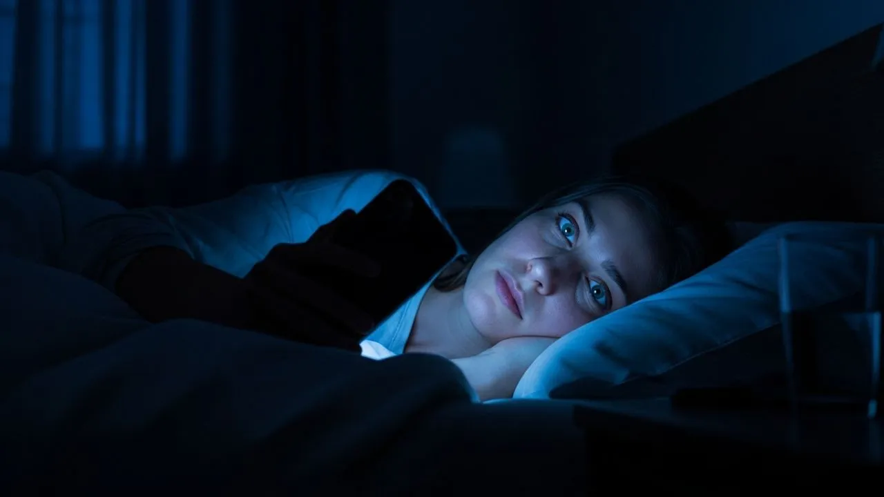 Causes of Trouble Falling Asleep Woman lying awake in bed at night with smartphone light in dark room