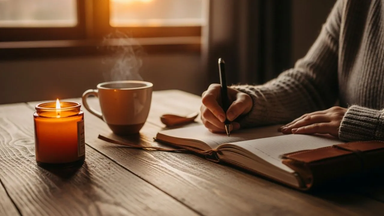 Daily Habits for Better Sleep Person writing a bedtime journal beside candle and herbal tea