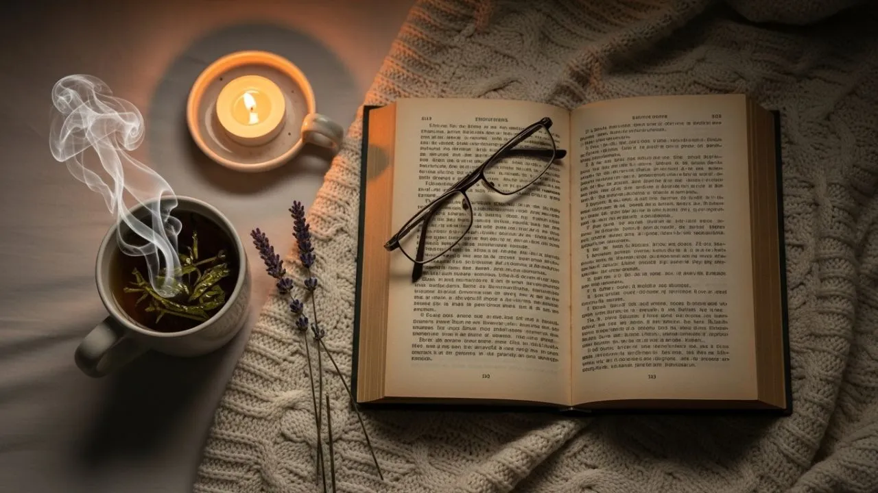 10 Proven Tips to Fall Asleep Fast Collage of relaxing night routine elements like candle, tea, and book