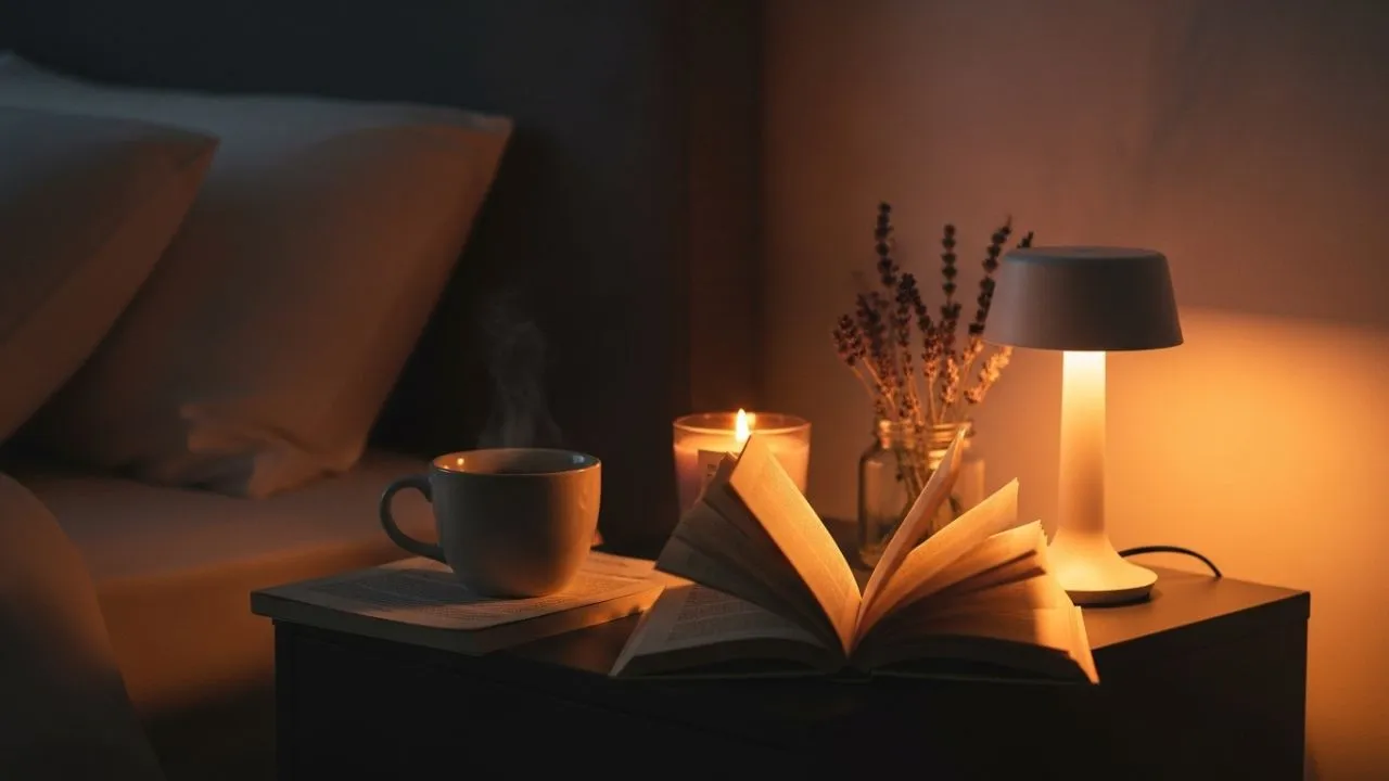 Nightstand with herbal tea, book, and lavender candle in a cozy bedroom