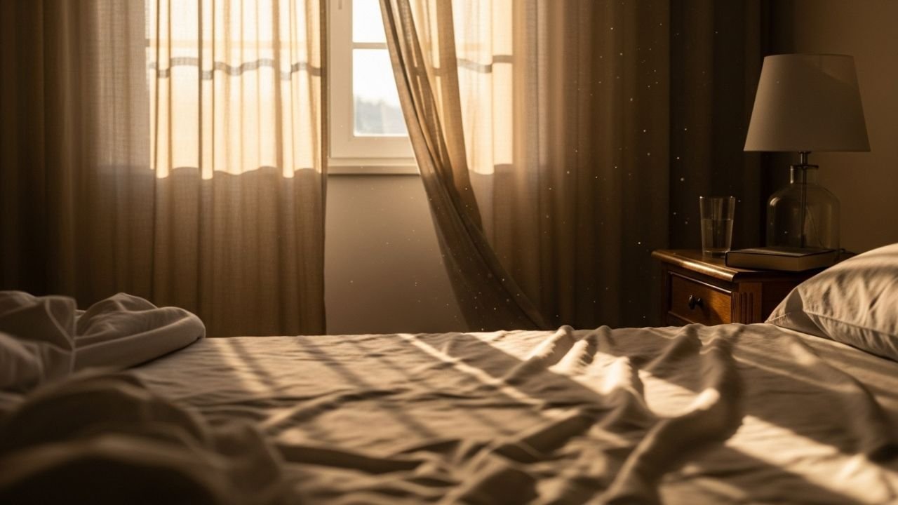 Sunrise through bedroom window symbolizing peaceful rest and renewal
