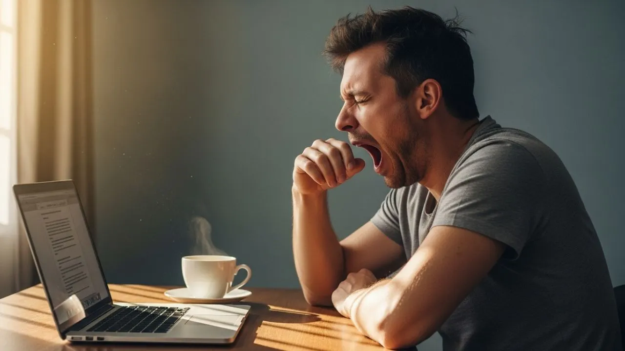 Effects of Poor Sleep and Fatigue Tired man yawning at work desk with coffee mug and laptop