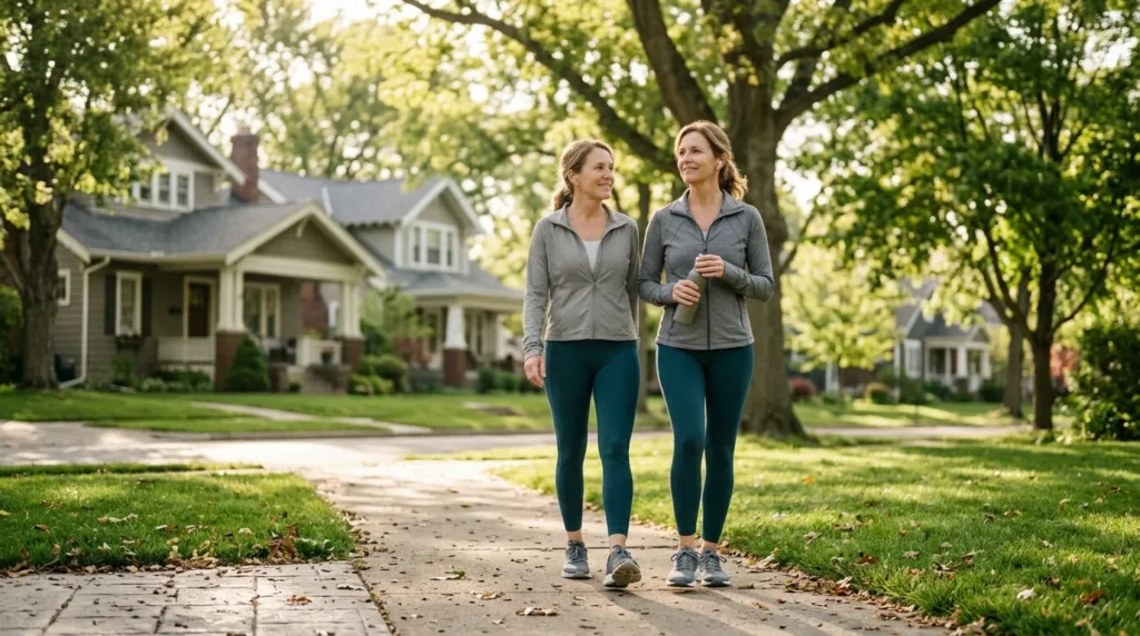 Person walking outdoors as part of a healthy exercise and sleep routine